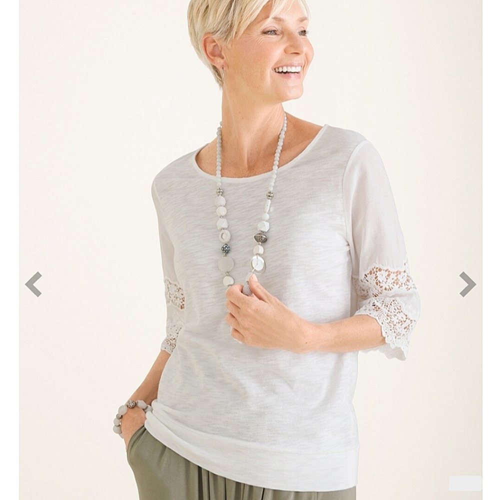 Chico's Lace-Sleeve Top Scoop Neck White Cotton Modal Boho Coastal M